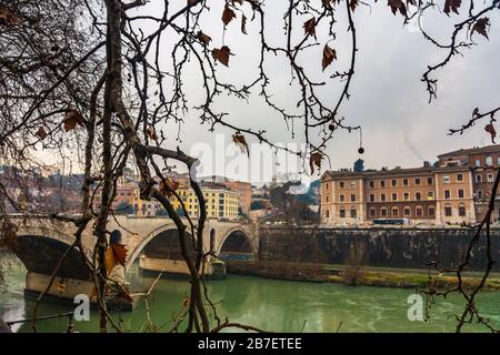 Paysage d'hiver dans la ville de Rome avec vue sur la rivière Tiber à travers les branches. Rome, Italie, Europe Banque D'Images