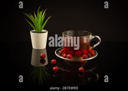 Une tasse avec une infusion de baies de rosehip séchées avec une fleur sur une table noire avec réflexion. Banque D'Images