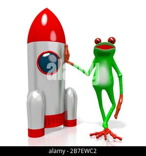 Grenouille de dessin animé en relief et une fusée - idéale pour des sujets comme le cosmos, l'espace explorant être un astronaute, etc Banque D'Images