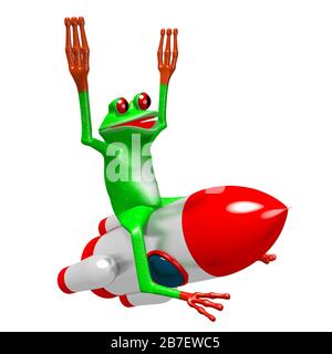 Grenouille de dessin animé en relief et une fusée - idéale pour des sujets comme le cosmos, l'espace explorant être un astronaute, etc Banque D'Images