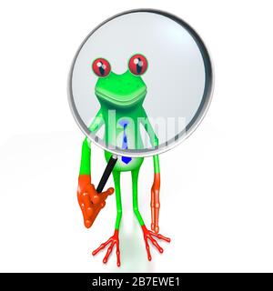 Grenouille à dessin animé en trois dimensions avec loupe - idéale pour des sujets comme la recherche, l'analyse, la recherche d'un someting, etc Banque D'Images