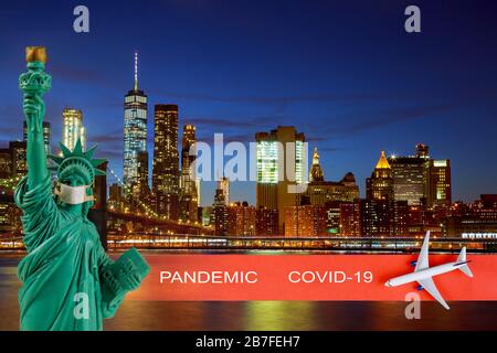 Vol annulé, avions vers les États-Unis pandémique avec coronavirus COVID-19 sur un US avec statue de liberté sur le pont de Brooklyn Banque D'Images