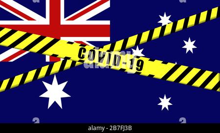 COVID-19 avertissement ruban noir et jaune sur l'illustration DU DRAPEAU AUSTRALIEN, zone de danger de Coronavirus, confinement australien, pays en quarantaine Banque D'Images