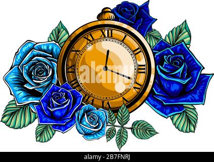 Composition avec fleur et montre de poche sur chaîne. Illustration vectorielle pour tatouage. Symbole de l'heure. Illustration de Vecteur