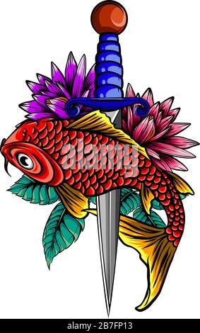 Poisson koï dessiné à la main avec tatouage de fleurs pour ARM.carpe Koi coloré avec éclaboussures d'eau, lotus et fleur de pivoine. Illustration de Vecteur