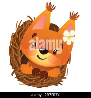 Joli écureuil animé souriant isolé sur fond blanc. Illustration de gros plan de la bande dessinée vectorielle. Illustration de Vecteur