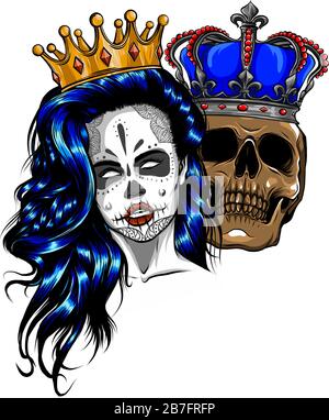 Tatouage de roi et de la reine de la mort. Portrait d'un crâne avec une couronne. Illustration de Vecteur