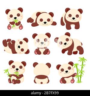 Ensemble de panda mignon de dessin animé dans différentes poses. Isolé sur fond blanc. Collection de mandas drôles - manger, s'asseoir, dormir, avec du bambou. Vecteur Illustration de Vecteur