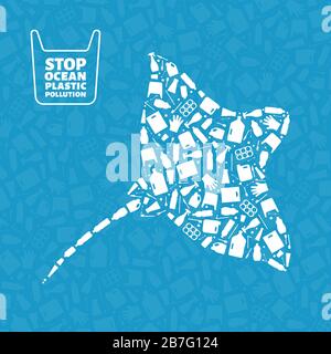 Déchets de plastique environnement marin problème concept de la llastration. Silhouette de poisson marin aux rayons remplie d'icônes plates en plastique. Problème de pollution microplastique, crise de l'écologie plastique à usage unique Banque D'Images