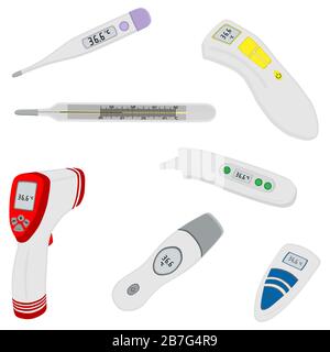 Illustration sur le thème grand ensemble de couleur différents types de thermomètres pour l'hôpital. Composé de thermomètre accessoire collection avec qualité contro Illustration de Vecteur