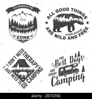 Ensemble de devis inspirants pour l'aventure en plein air. Illustration vectorielle. Concept pour chemise, logo, imprimé, timbre ou tee-shirt. Design typographique vintage avec tente de camping-cars, ours, montagne, silhouette de paysage forestier Illustration de Vecteur