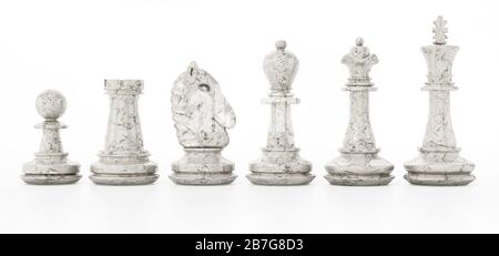 Pièces d'échecs blanches isolées sur fond blanc. Illustration tridimensionnelle. Banque D'Images