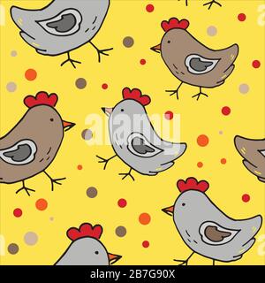 Modèle sans couture avec poulets sur fond jaune. Illustration de Vecteur