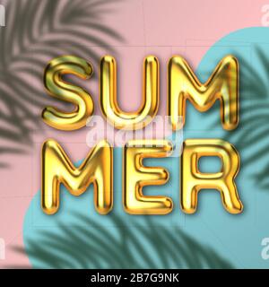 Bonjour l'été, l'été. Arrière-plan des plantes tropicales et de l'inscription d'or. Feuilles de palmier, feuille de jungle. Illustration réaliste. L'affiche pour Illustration de Vecteur