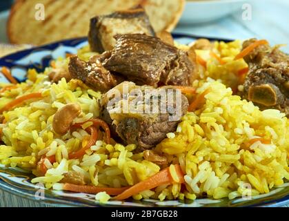 Riz Yakhni, cuisine cachemiri, plats indiens traditionnels assortis, vue sur le dessus. Banque D'Images