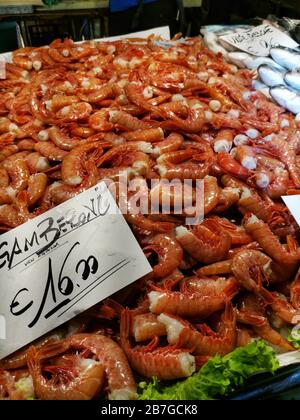 Crevettes fraîchement pêchées sur glace de la mer dans un stand du marché aux poissons de Venise. Célèbre marché du Rialto avec fruits de mer frais, poisson, herbes, légumes Banque D'Images