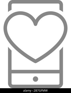 Cœur avec téléphone, icône de ligne de feedback. Message d'amour dans mobile, le réseau social aime le symbole Illustration de Vecteur