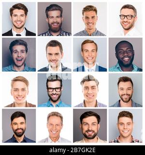 Collage photo de différents hommes adultes multiethniques joyeux exprimant le bonheur et montrant de beaux sourires blancs Banque D'Images