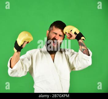 Concept de formation et de combat. Maître de combat se frappe avec poing. Karate homme avec visage souffrant en uniforme et en gants de boxe dorés. Homme avec barbe dans kimono blanc sur fond vert. Banque D'Images