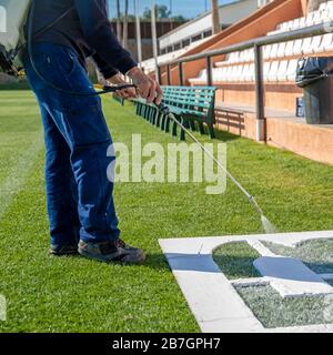 Dessinez des lettres sur l'herbe en blanc sur un modèle. Le nom du terrain de football sur l'herbe Banque D'Images