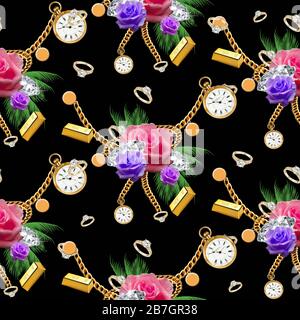 Roses colorées sans couture, feuilles tropicales vertes sur fond noir avec accessoires dorés de luxe. - illustration Banque D'Images