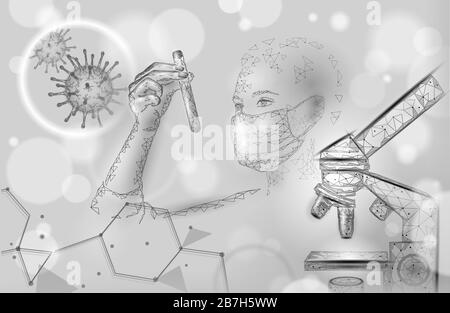 Les femmes médecins scientifiques tiennent un tube à essai. Sécurité masque médical virus microscope vaccin. Développement d'un traitement contre la pneumonie à coronavirus pandémique. Santé Illustration de Vecteur