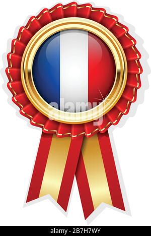 Rosette rouge avec drapeau français en badge or, prix français ou symbole de qualité Illustration de Vecteur