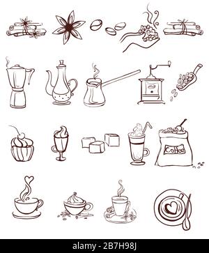 Ensemble d'icônes de café vectorielles isolées sur fond blanc. Dessin à la main des éléments d'illustration de café de style gribouille pour votre buisness. Cuisine et boissons Illustration de Vecteur