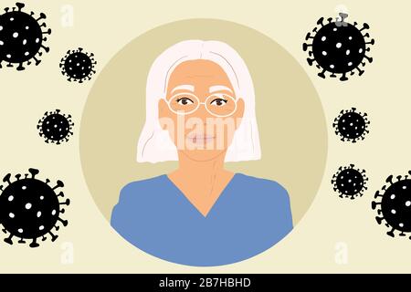Illustration vectorielle d'une femme âgée entourée de virus. Concept de l'épidémie mondiale du virus 2019-ncov et des personnes âgées à risque Illustration de Vecteur
