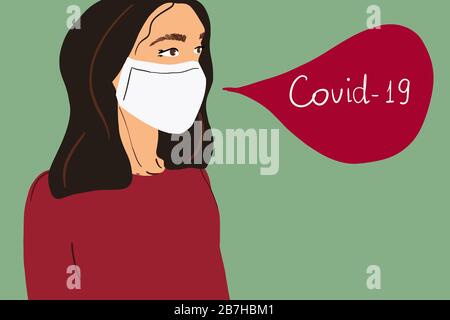 Illustration vectorielle d'une femme dans un masque facial médical de protection, empêchant la propagation du nouveau virus Covid-2019. Mettre en quarantaine et arrêter le concept de coronavirus Illustration de Vecteur