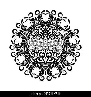 Mandala noir rond sur fond blanc isolé. Ornement décoratif dans le style oriental ethnique. Parfait pour tout design, anniversaire, vacances, kaléidoscop Banque D'Images