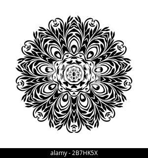 Mandala noir rond sur fond blanc isolé. Ornement décoratif dans le style oriental ethnique. Parfait pour tout design, anniversaire, vacances, kaléidoscop Banque D'Images