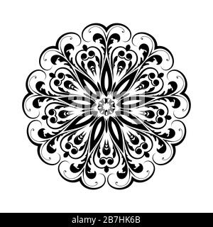 Mandala noir rond sur fond blanc isolé. Ornement décoratif dans le style oriental ethnique. Parfait pour tout design, anniversaire, vacances, kaléidoscop Banque D'Images