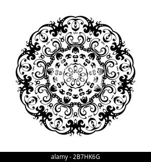 Mandala noir rond sur fond blanc isolé. Ornement décoratif dans le style oriental ethnique. Parfait pour tout design, anniversaire, vacances, kaléidoscop Banque D'Images