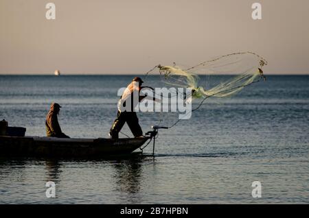 Les pêcheurs jettent leur filet pour attraper des appâts dans le golfe du Mexique juste au large de la rive du Lido Key le 15 mars 2020 à Sarasota FL, États-Unis Banque D'Images