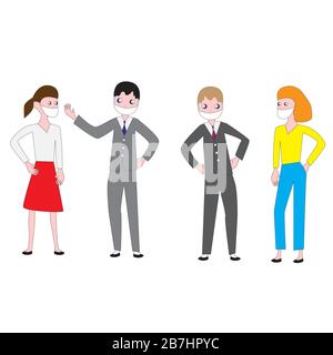 Groupe de personnes portant des masques médicaux de protection isolés par un fond blanc. Illustration de Vecteur