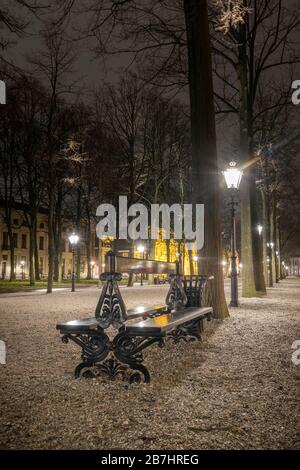 La Haye - 18 février 2019 : la Haye, Pays-Bas. Parc avec banc et lanternes de rue vintage à la Haye au crépuscule, exposition longue, humide Banque D'Images
