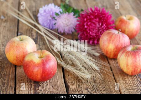 Gros plan fleurs d'aster, pommes rouges et oreilles de blé sur fond en bois. Banque D'Images