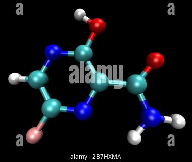 Structure tridimensionnelle du Favipiravir antiviral, actif contre le coronavirus COVID-19 et d'autres virus ARN Banque D'Images