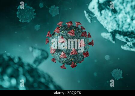 Illustration médicale détaillée modélisée par ordinateur du coronavirus Novel 2019-nCoV covid-19. Concept de protection contre la pandémie de virus. Science-fiction de microbiologie Banque D'Images