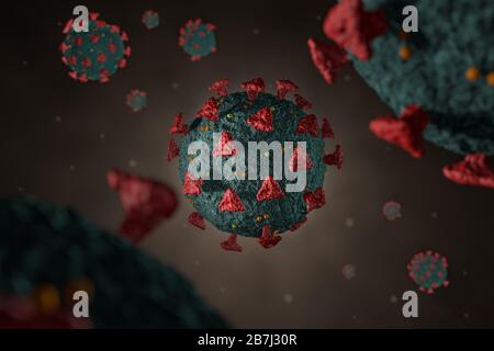 Illustration médicale détaillée modélisée par ordinateur du coronavirus Novel 2019-nCoV covid-19. Concept de protection contre la pandémie de virus. Science-fiction de microbiologie Banque D'Images