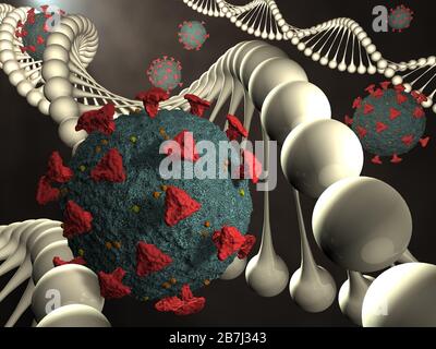 Illustration médicale détaillée modélisée par ordinateur du coronavirus Novel 2019-nCoV covid-19 dans la chaîne d'ADN. Concept de protection contre la pandémie de virus. Microbiologie Banque D'Images