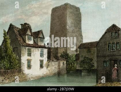 Tour normande du château d’Oxford, tour St George et Castle Mill à Oxford, Angleterre. La motte et le château de Bailey ont été construits vers 1071 après JC par le baron normand Robert d'Oilly, un contemporain de Guillaume le Conquérant, sur le site d'une ancienne colonie anglo-saxonne. Détail recadré de gravure publié en 1832. Banque D'Images