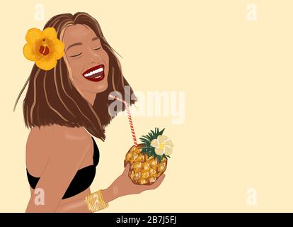 Illustration d'une belle femme souriante avec fleur de cheveux et cocktail exotique sur fond jaune. Concept de vacances d'été exotiques, beauté et bien-être Banque D'Images