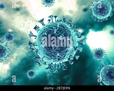 Scène du virus Corona avec structure détaillée. Sujets turquoise sur fond turquoise. Banque D'Images