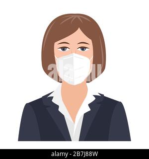 Portrait jeune femme d'affaires en costume portant un masque de visage sur fond blanc isolé. Virus de la grippe coronavirus , protection Covid 19, illustration vectorielle Illustration de Vecteur