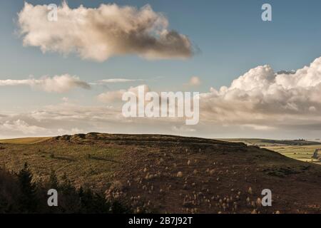 Le fort de Caer Caradoc, sur la colline de l'âge de fer, se dresse au-dessus du village de Chapel Lawn, près de Cluna, dans le sud du Shropshire, au Royaume-Uni, datant d'environ 500 av. J.-C. Banque D'Images