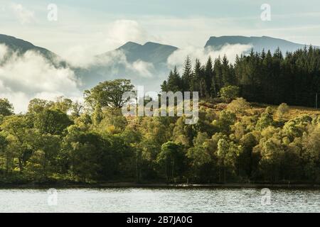 La face nord de Ben Nevis, la plus haute montagne de Grande-Bretagne, vue à travers le Loch Lochy, avec la forêt calédonienne, en automne, Gairlochy, Ecosse, Royaume-Uni Banque D'Images