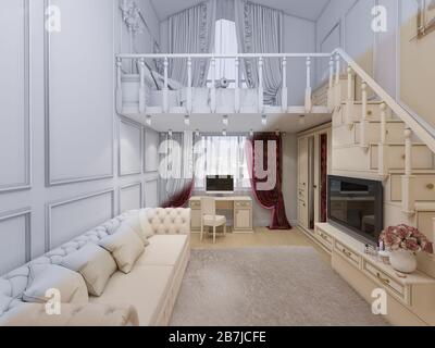 rendu tridimensionnel du design intérieur d'une chambre pour filles dans une maison privée Banque D'Images