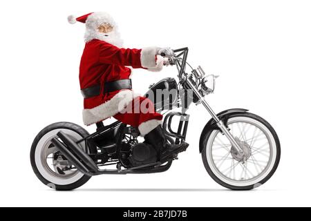 Le Père Noël à cheval sur une moto de broyeur isolée sur fond blanc Banque D'Images